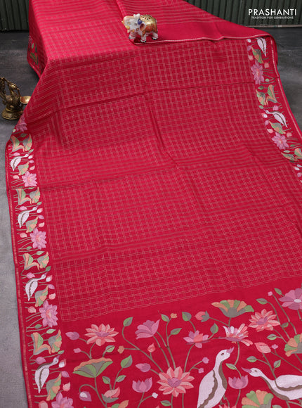 Semi tussar saree pink with allover zari checked pattern and embroidery border