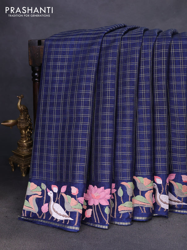 Semi tussar saree navy blue with allover zari checked pattern and embroidery border