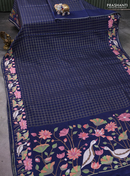 Semi tussar saree navy blue with allover zari checked pattern and embroidery border
