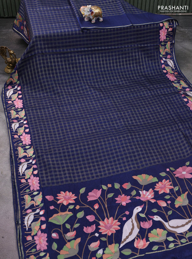 Semi tussar saree navy blue with allover zari checked pattern and embroidery border