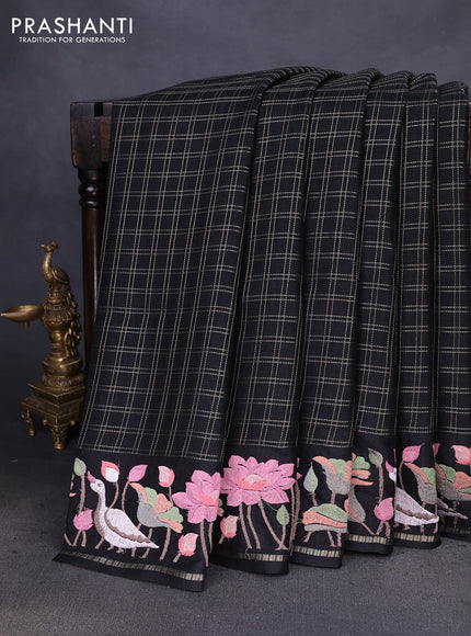 Semi tussar saree black with allover zari checked pattern and embroidery border