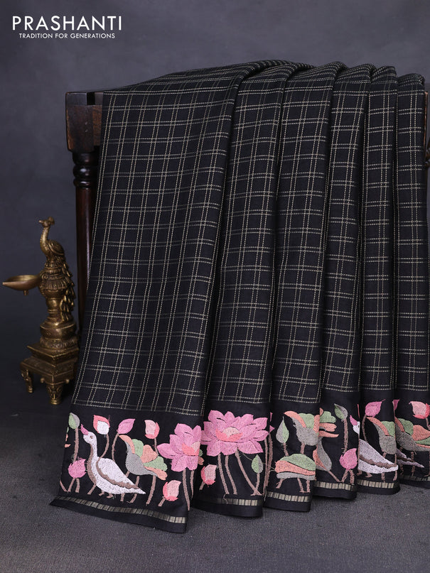 Semi tussar saree black with allover zari checked pattern and embroidery border