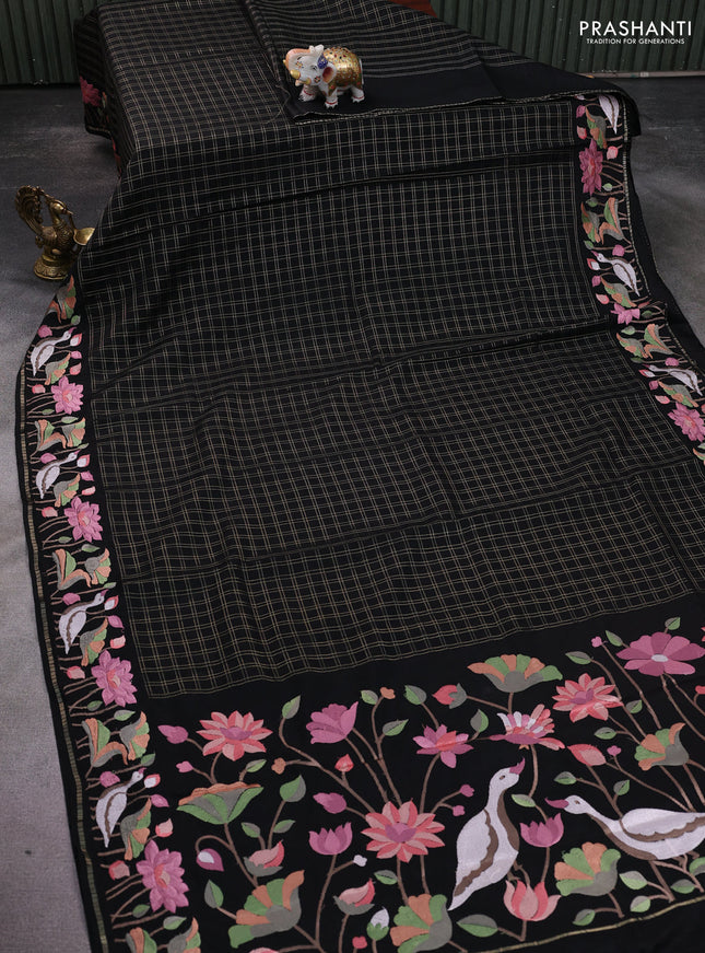 Semi tussar saree black with allover zari checked pattern and embroidery border