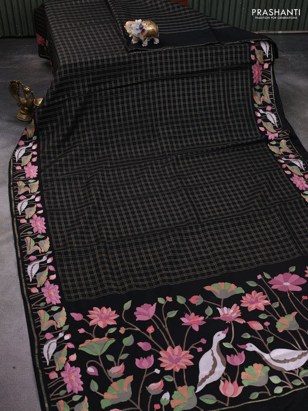 Semi tussar saree black with allover zari checked pattern and embroidery border