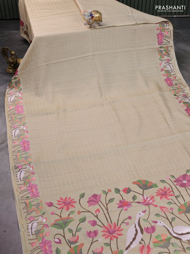 Semi tussar saree sandal with allover zari checked pattern and embroidery border