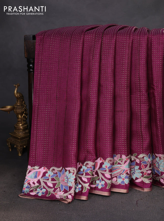 Semi tussar saree wine shade with zari weaves and embroidery border