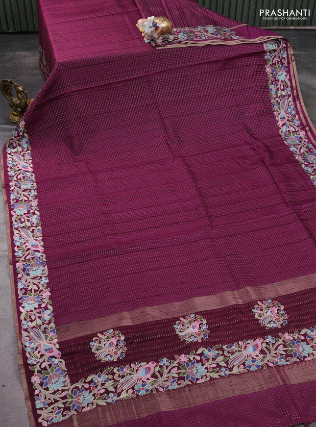 Semi tussar saree wine shade with zari weaves and embroidery border