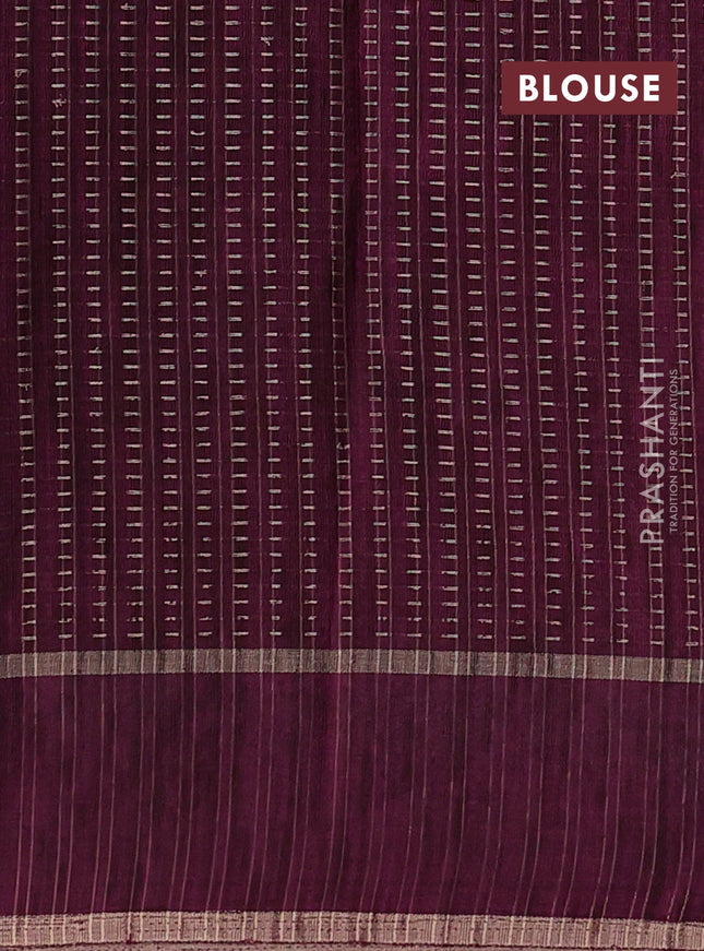 Semi tussar saree wine shade with zari weaves and embroidery border