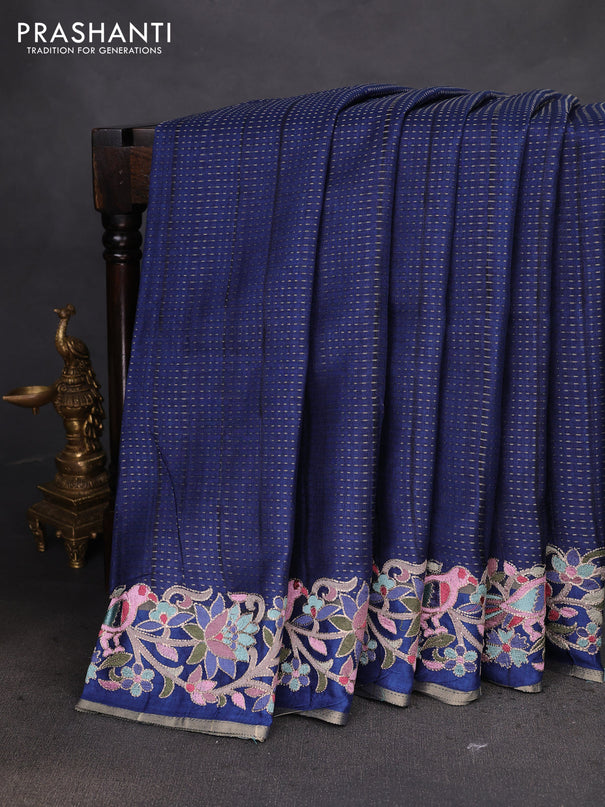 Semi tussar saree navy blue with zari weaves and embroidery border
