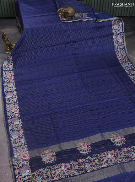 Semi tussar saree navy blue with zari weaves and embroidery border
