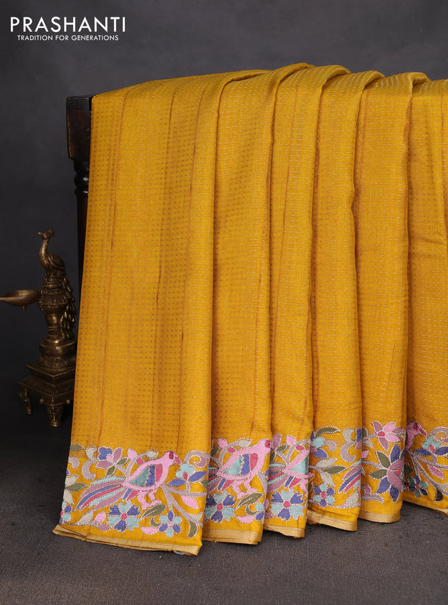 Semi tussar saree mustard yellow with zari weaves and embroidery border