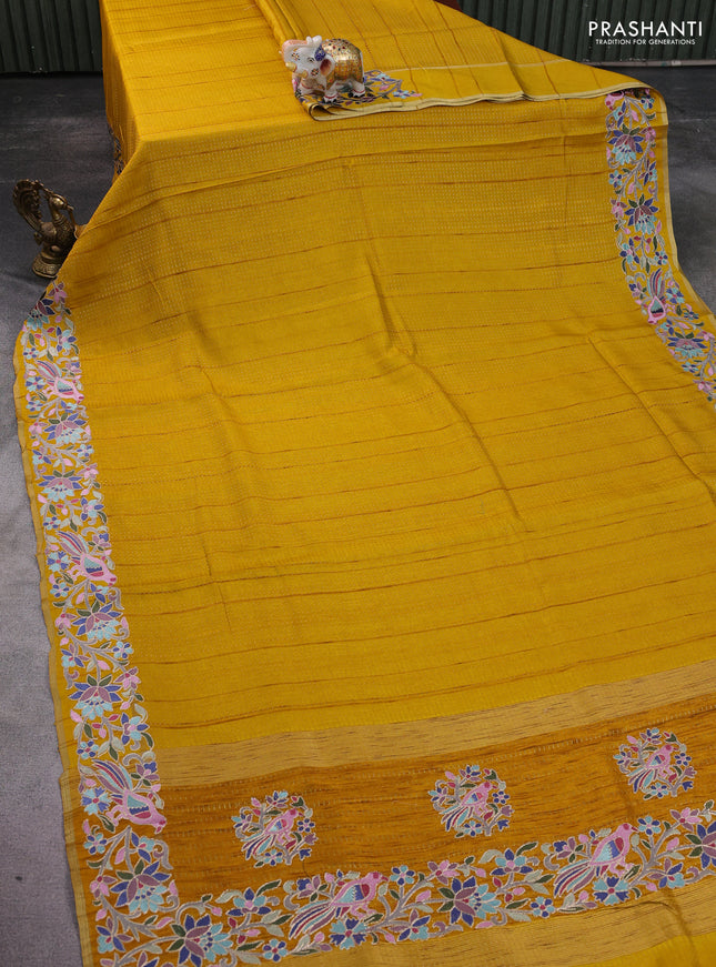 Semi tussar saree mustard yellow with zari weaves and embroidery border
