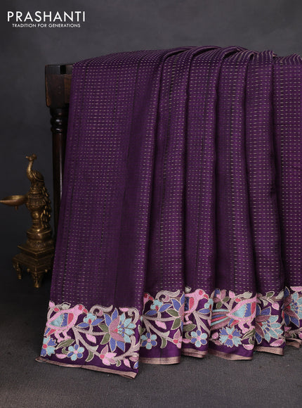 Semi tussar saree deep purple with zari weaves and embroidery border