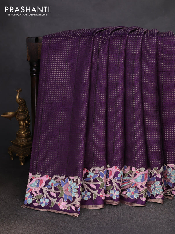 Semi tussar saree deep purple with zari weaves and embroidery border