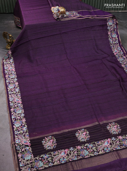 Semi tussar saree deep purple with zari weaves and embroidery border