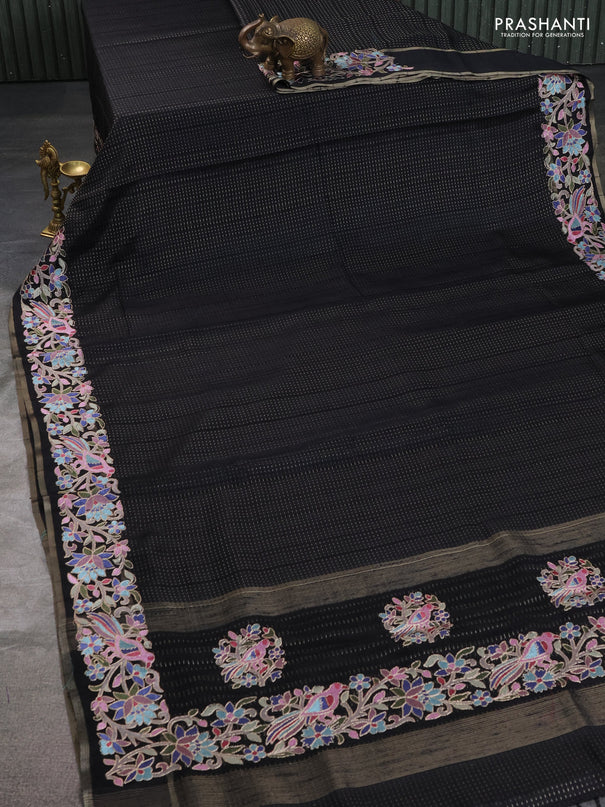 Semi tussar saree black with zari weaves and embroidery border