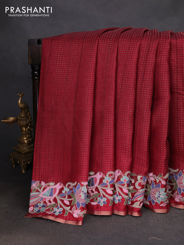 Semi tussar saree maroon with zari weaves and embroidery border