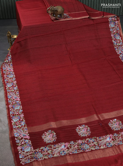 Semi tussar saree maroon with zari weaves and embroidery border
