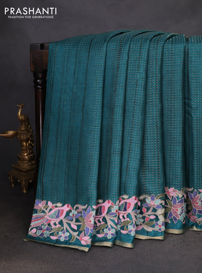 Semi tussar saree green with zari weaves and embroidery border