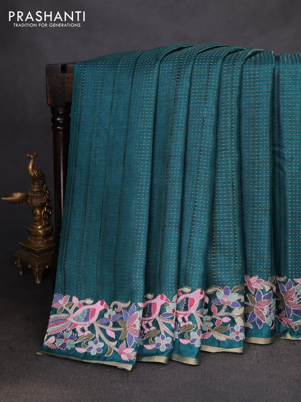 Semi tussar saree green with zari weaves and embroidery border