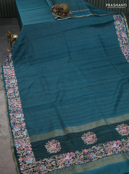 Semi tussar saree green with zari weaves and embroidery border
