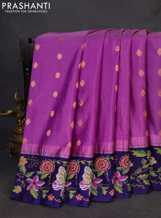 Pure gadwal silk saree mauve pink and blue with zari woven buttas and temple design convent embroidery border