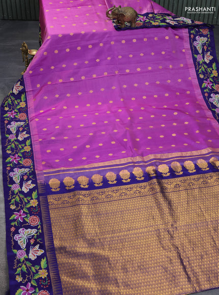 Pure gadwal silk saree mauve pink and blue with zari woven buttas and temple design convent embroidery border