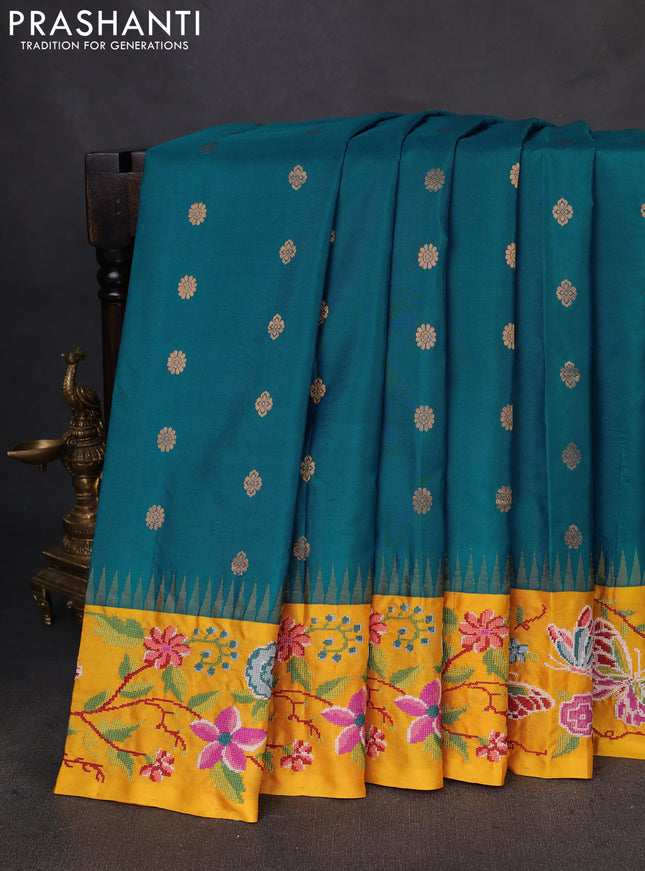 Pure gadwal silk saree peacock blue and mango yellow with zari woven buttas and temple design convent embroidery border
