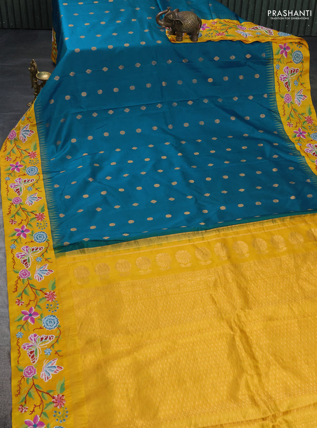 Pure gadwal silk saree peacock blue and mango yellow with zari woven buttas and temple design convent embroidery border