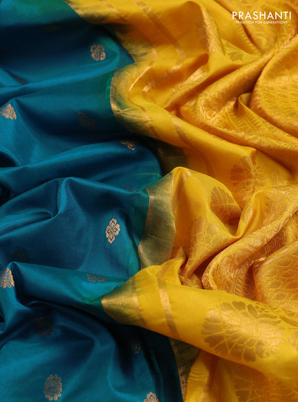 Pure gadwal silk saree peacock blue and mango yellow with zari woven buttas and temple design convent embroidery border