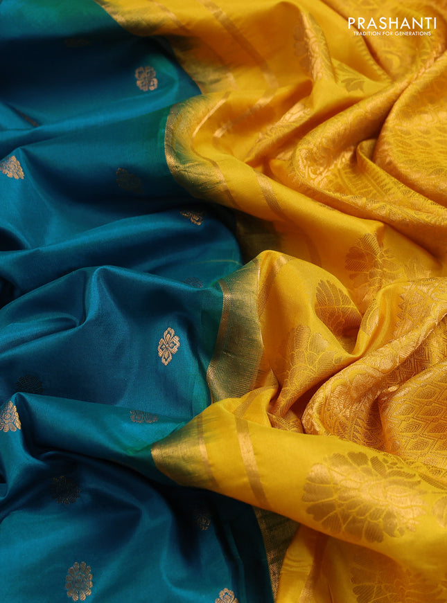 Pure gadwal silk saree peacock blue and mango yellow with zari woven buttas and temple design convent embroidery border