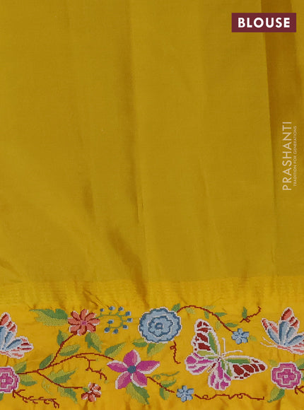 Pure gadwal silk saree peacock blue and mango yellow with zari woven buttas and temple design convent embroidery border