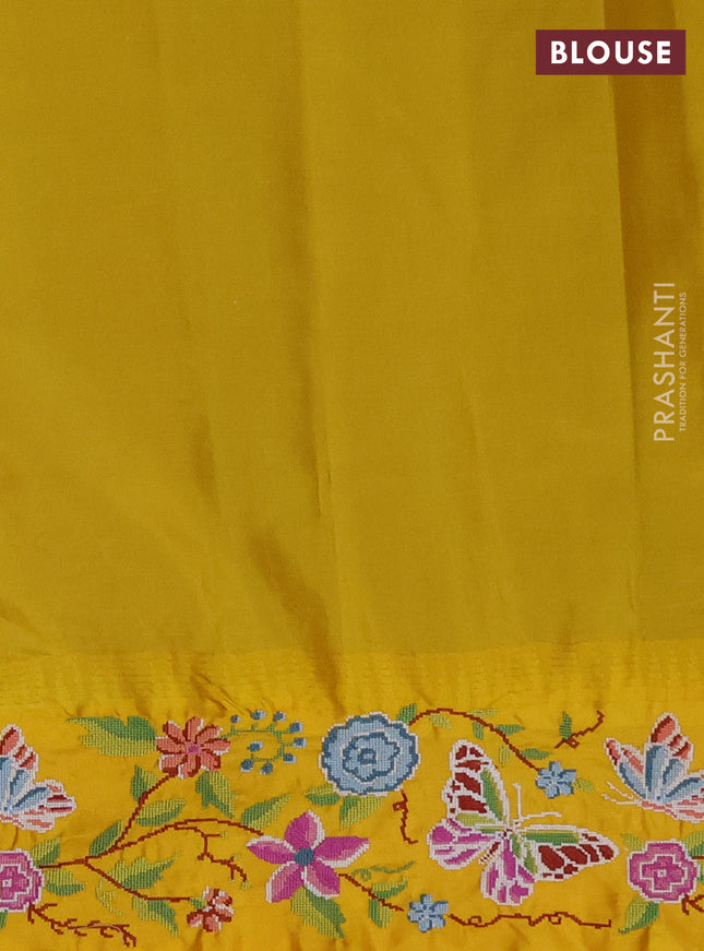 Pure gadwal silk saree peacock blue and mango yellow with zari woven buttas and temple design convent embroidery border