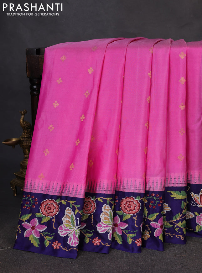 Pure gadwal silk saree pink and blue with zari woven buttas and temple design convent embroidery border