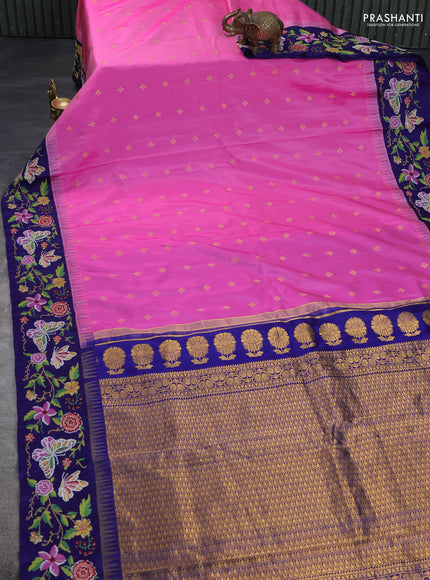 Pure gadwal silk saree pink and blue with zari woven buttas and temple design convent embroidery border