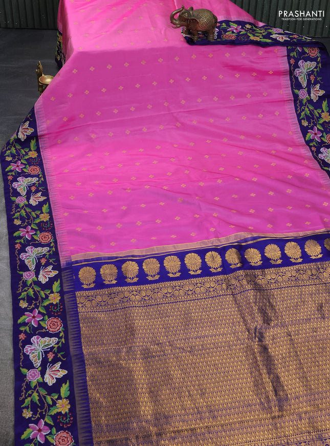Pure gadwal silk saree pink and blue with zari woven buttas and temple design convent embroidery border