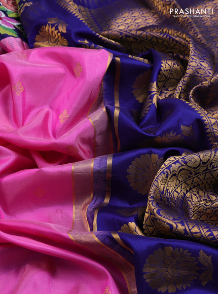 Pure gadwal silk saree pink and blue with zari woven buttas and temple design convent embroidery border