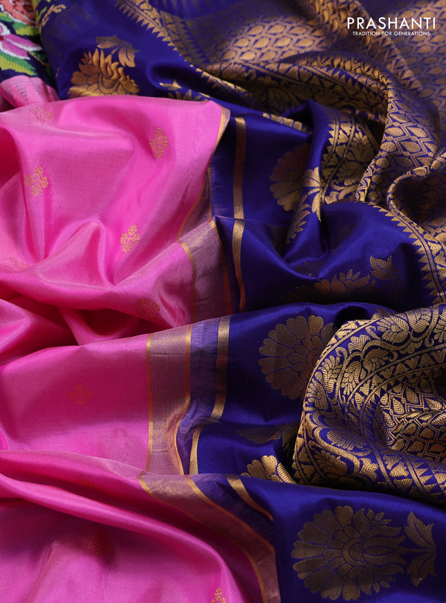 Pure gadwal silk saree pink and blue with zari woven buttas and temple design convent embroidery border
