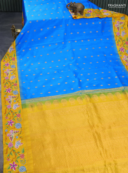 Pure gadwal silk saree cs blue and mango yellow with zari woven buttas and temple design convent embroidery border