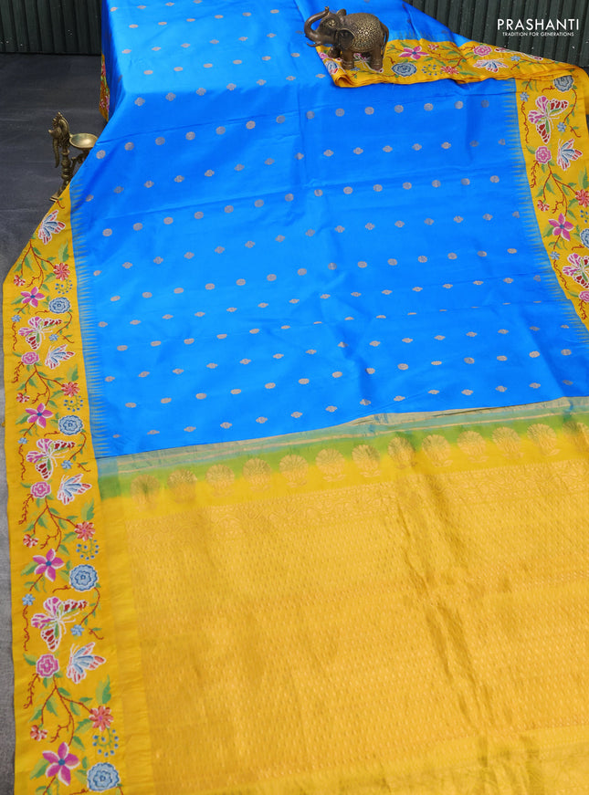 Pure gadwal silk saree cs blue and mango yellow with zari woven buttas and temple design convent embroidery border