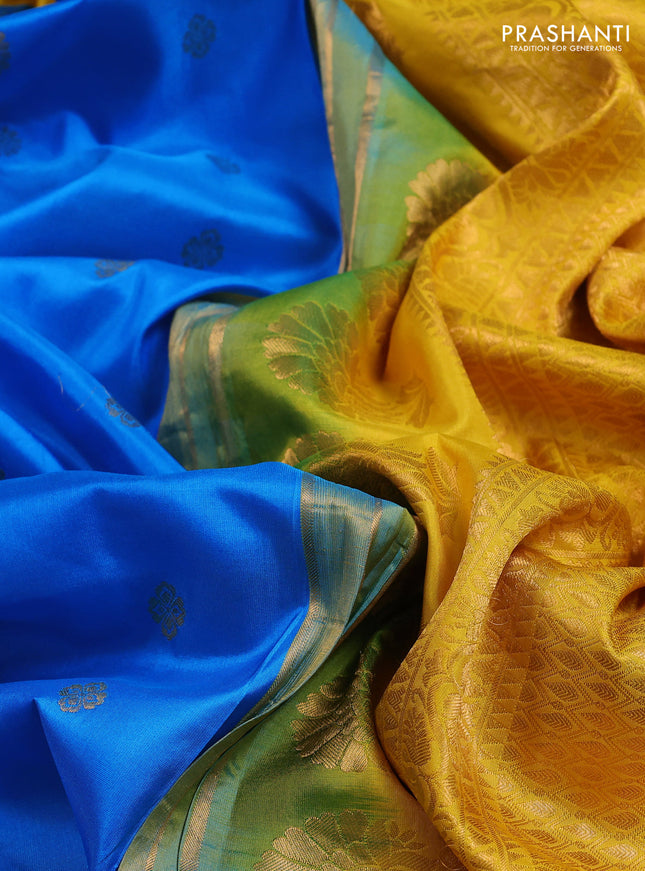 Pure gadwal silk saree cs blue and mango yellow with zari woven buttas and temple design convent embroidery border