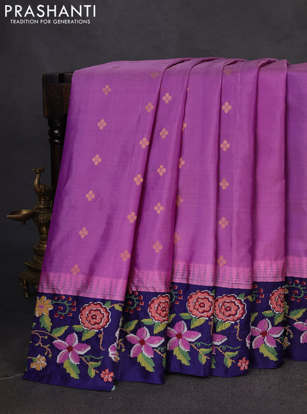 Pure gadwal silk saree mauve pink and dark blue with zari woven buttas and temple design convent embroidery border