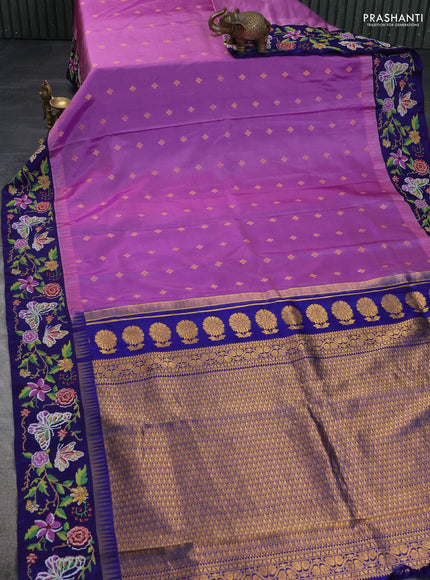 Pure gadwal silk saree mauve pink and dark blue with zari woven buttas and temple design convent embroidery border