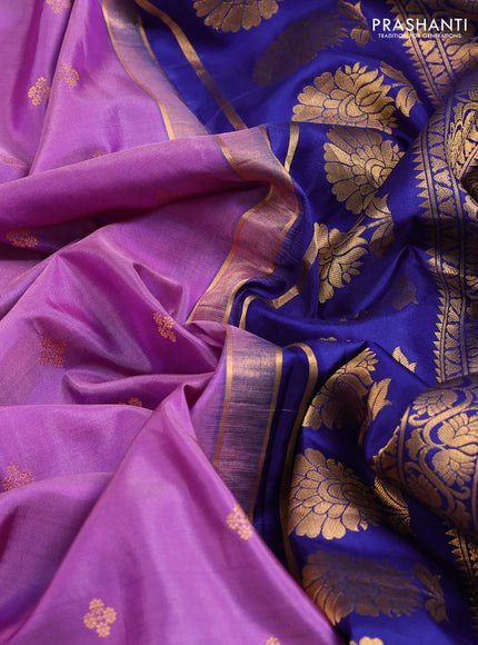 Pure gadwal silk saree mauve pink and dark blue with zari woven buttas and temple design convent embroidery border
