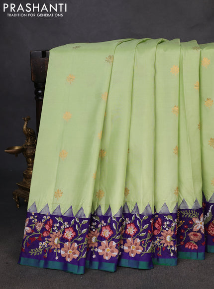 Pure gadwal silk saree pista green and blue with zari woven buttas and temple design convent embroidery border