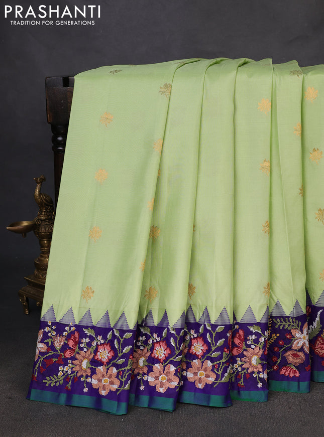 Pure gadwal silk saree pista green and blue with zari woven buttas and temple design convent embroidery border