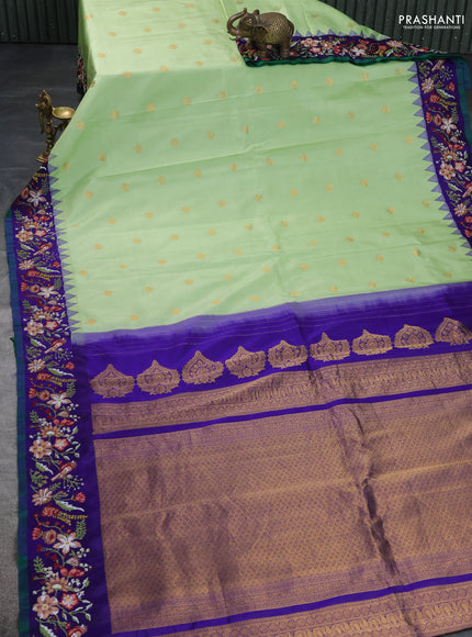 Pure gadwal silk saree pista green and blue with zari woven buttas and temple design convent embroidery border