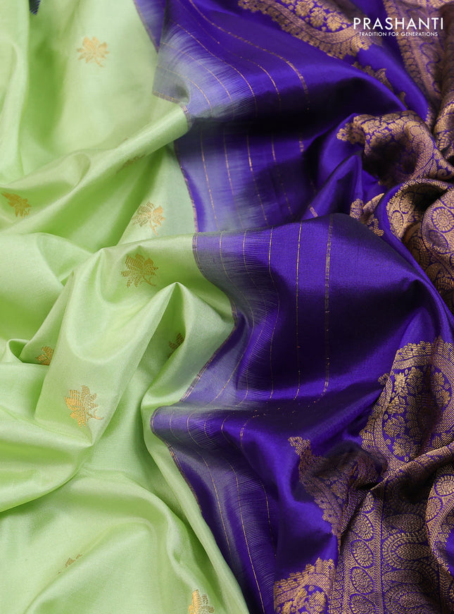 Pure gadwal silk saree pista green and blue with zari woven buttas and temple design convent embroidery border