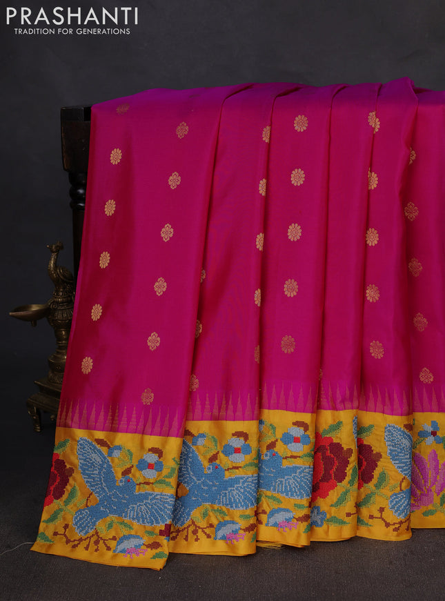 Pure gadwal silk saree pink and mango yellow with zari woven buttas and temple design convent embroidery border