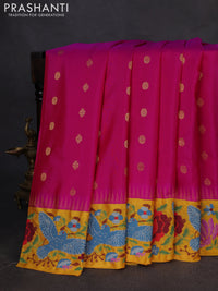 Pure gadwal silk saree pink and mango yellow with zari woven buttas and temple design convent embroidery border